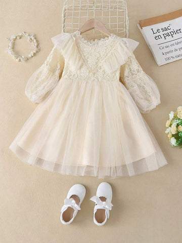 Young Girl Contrast Lace Lantern Sleeve Mesh Dress