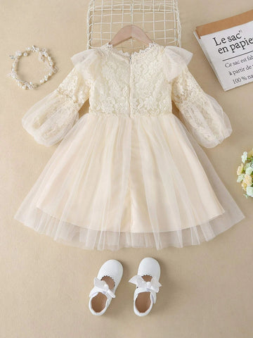 Young Girl Contrast Lace Lantern Sleeve Mesh Dress