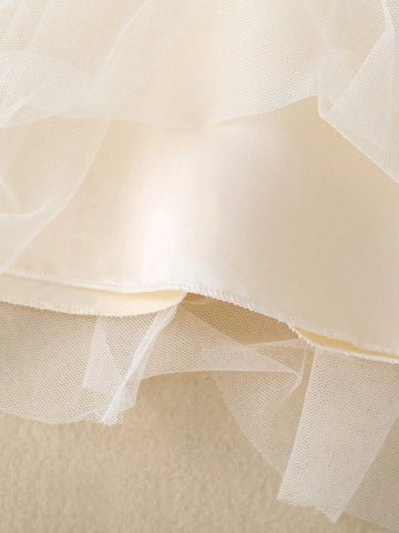 Young Girl Contrast Lace Lantern Sleeve Mesh Dress