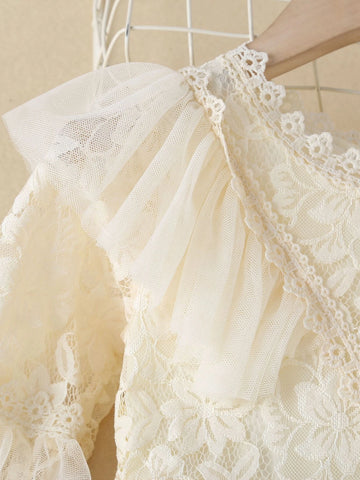 Young Girl Contrast Lace Lantern Sleeve Mesh Dress