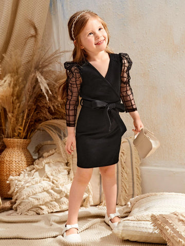 Young Girl Contrast Mesh Belted Wrap Dress