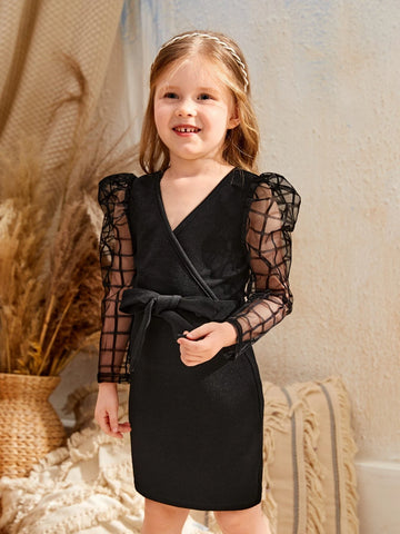 Young Girl Contrast Mesh Belted Wrap Dress