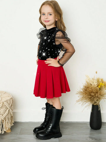 SHEIN Young Girl Contrast Mesh Gigot Sleeve Knitted Slim Fit Blingbling Star Velvet Tee Top , Sweet Fashion & Cute & Comfortable & Versatile