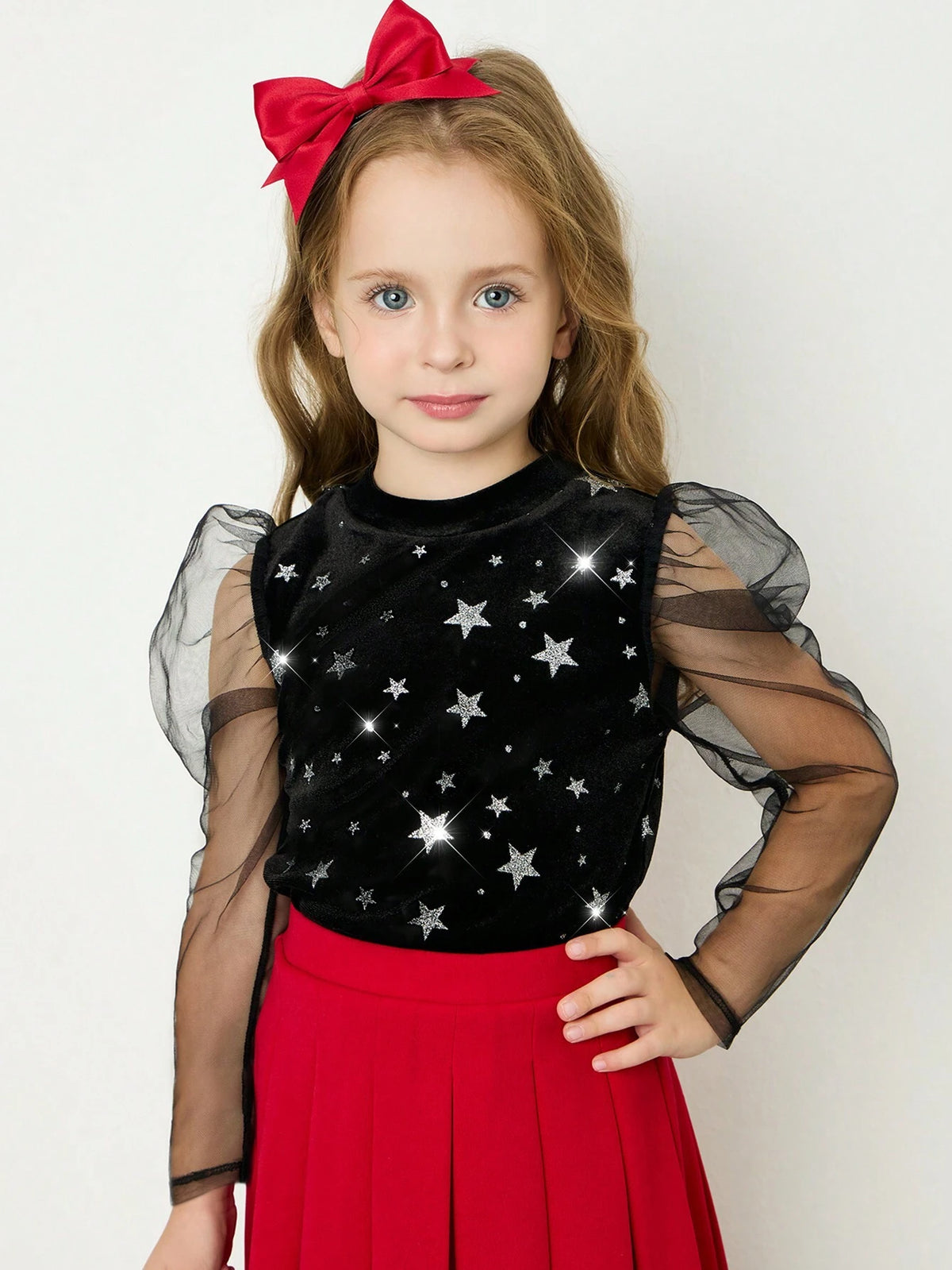 SHEIN Young Girl Contrast Mesh Gigot Sleeve Knitted Slim Fit Blingbling Star Velvet Tee Top , Sweet Fashion & Cute & Comfortable & Versatile