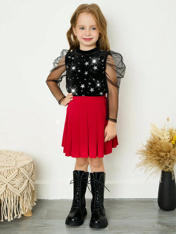 SHEIN Young Girl Contrast Mesh Gigot Sleeve Knitted Slim Fit Blingbling Star Velvet Tee Top , Sweet Fashion & Cute & Comfortable & Versatile