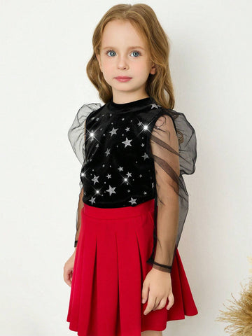 SHEIN Young Girl Contrast Mesh Gigot Sleeve Knitted Slim Fit Blingbling Star Velvet Tee Top , Sweet Fashion & Cute & Comfortable & Versatile
