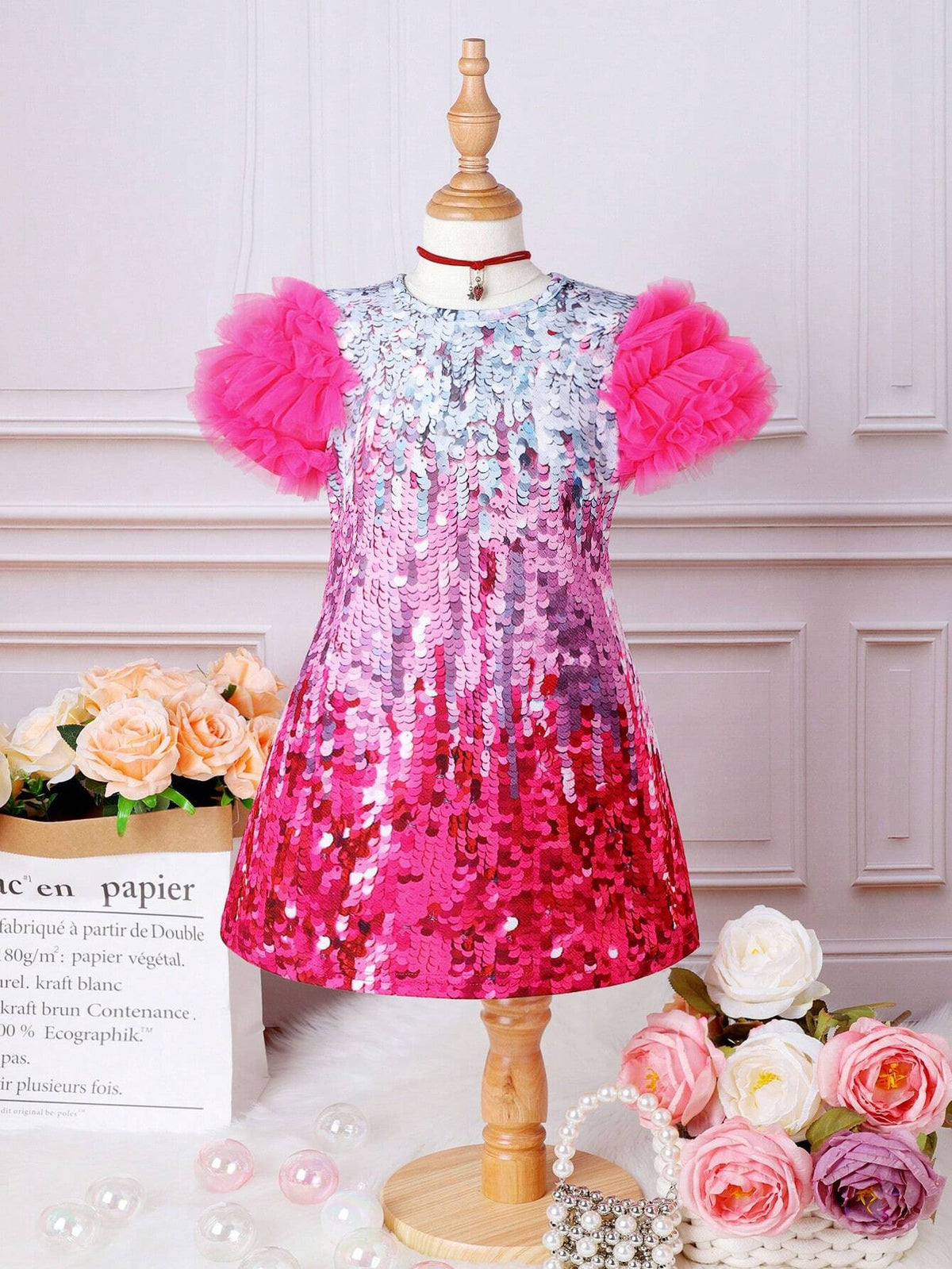 Young Girl Contrast Mesh Puff Sleeve 3D Sequin Effect Dress