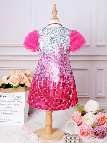 Young Girl Contrast Mesh Puff Sleeve 3D Sequin Effect Dress