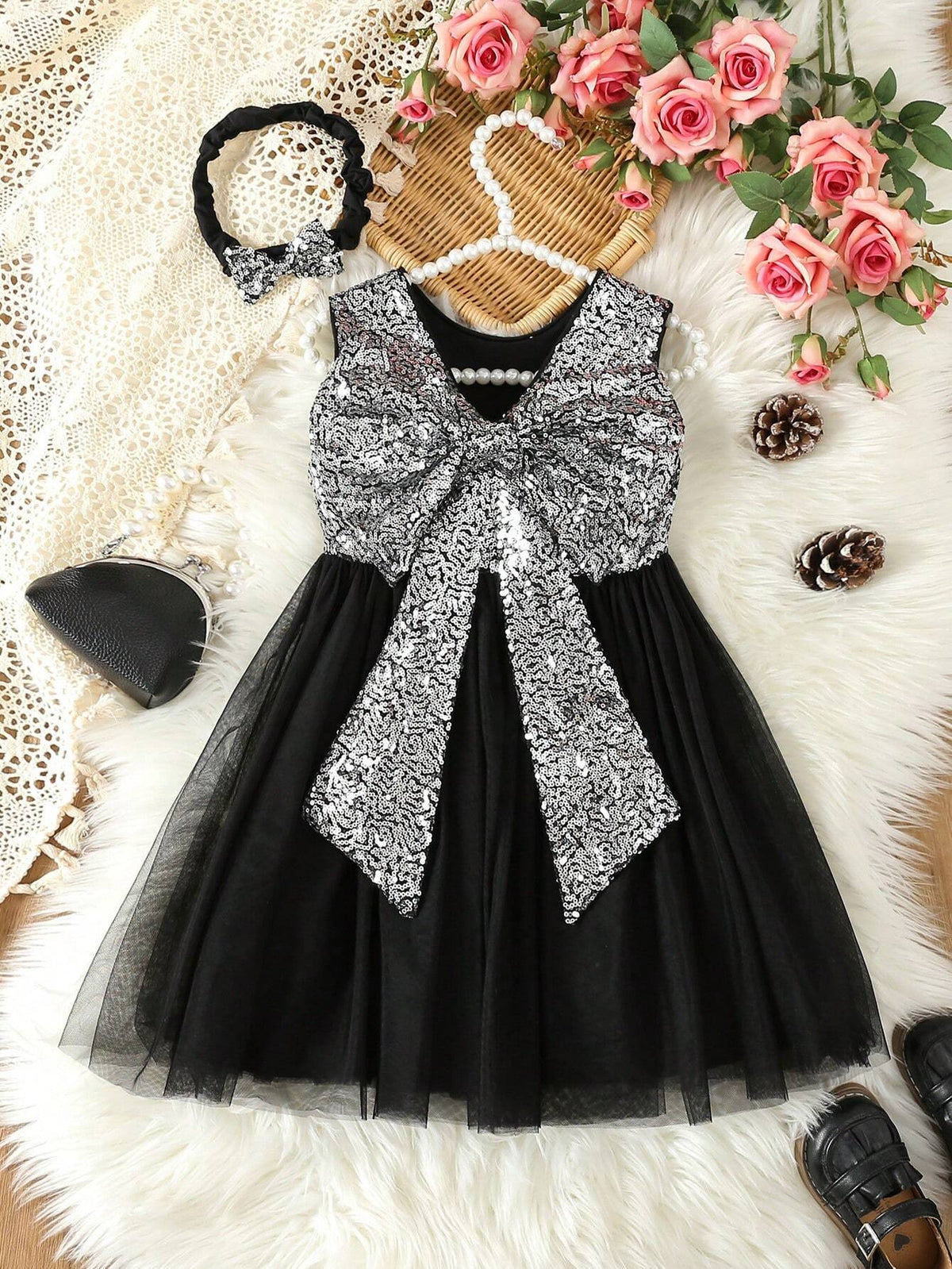 Young Girl Contrast Sequin Big Bow Front Mesh Hem Dress
