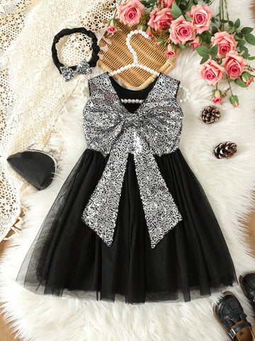 Young Girl Contrast Sequin Big Bow Front Mesh Hem Dress