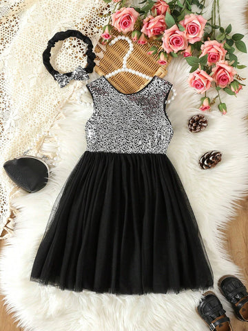 Young Girl Contrast Sequin Big Bow Front Mesh Hem Dress