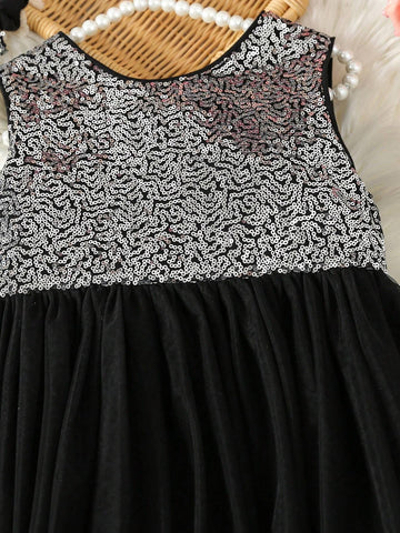 Young Girl Contrast Sequin Big Bow Front Mesh Hem Dress