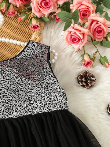 Young Girl Contrast Sequin Big Bow Front Mesh Hem Dress