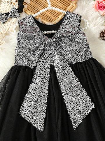 Young Girl Contrast Sequin Big Bow Front Mesh Hem Dress