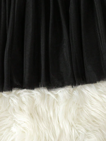 Young Girl Contrast Sequin Big Bow Front Mesh Hem Dress