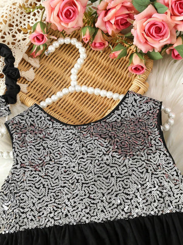 Young Girl Contrast Sequin Big Bow Front Mesh Hem Dress