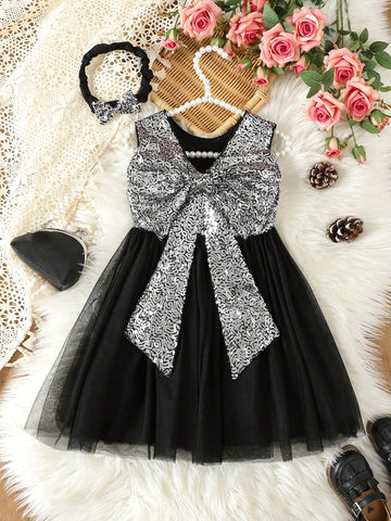Young Girl Contrast Sequin Big Bow Front Mesh Hem Dress
