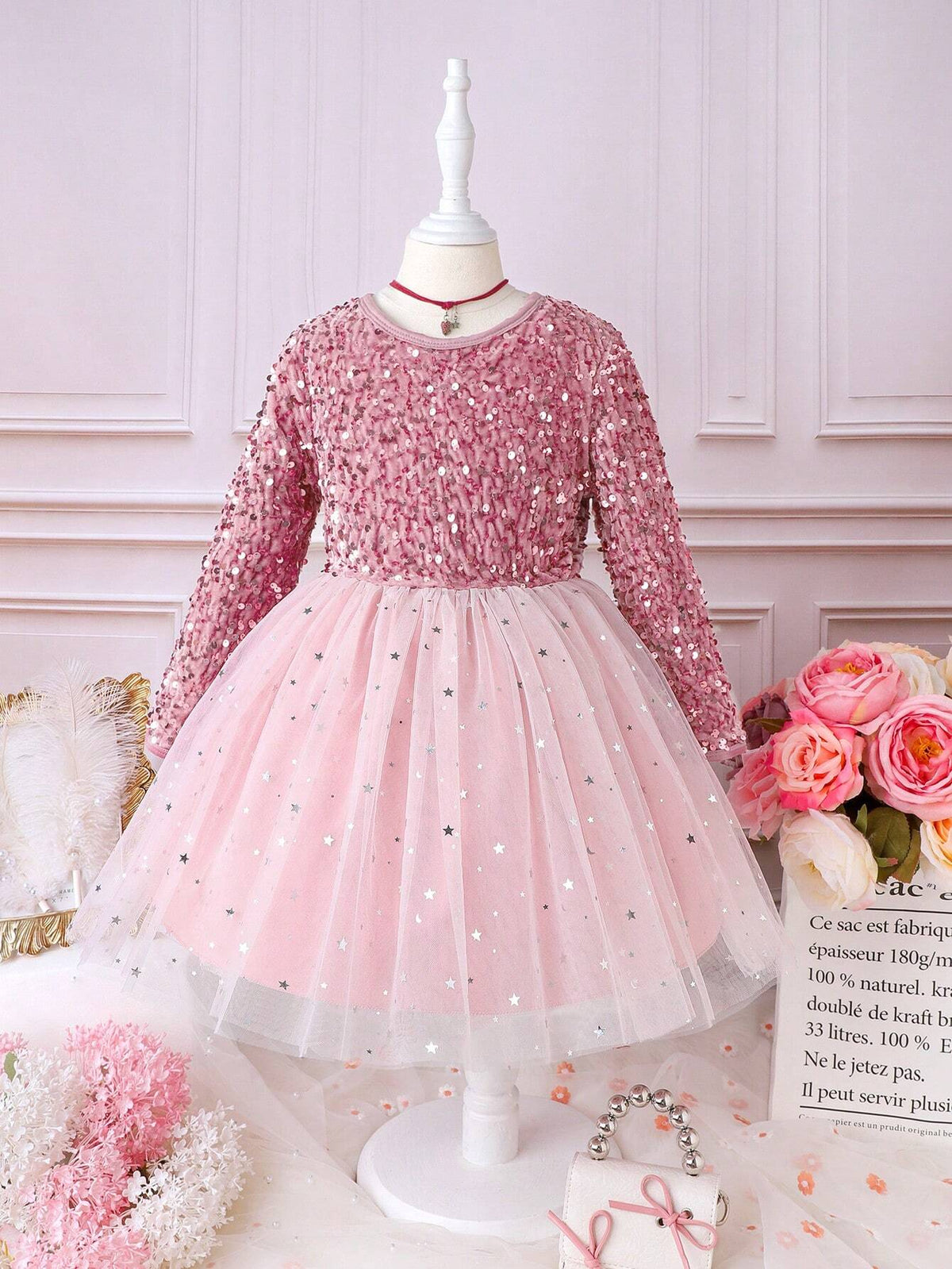 Young Girl Contrast Sequin Mesh Hem Dress