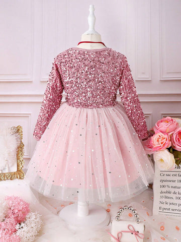 Young Girl Contrast Sequin Mesh Hem Dress