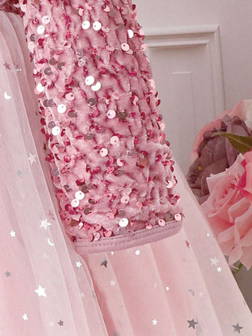 Young Girl Contrast Sequin Mesh Hem Dress