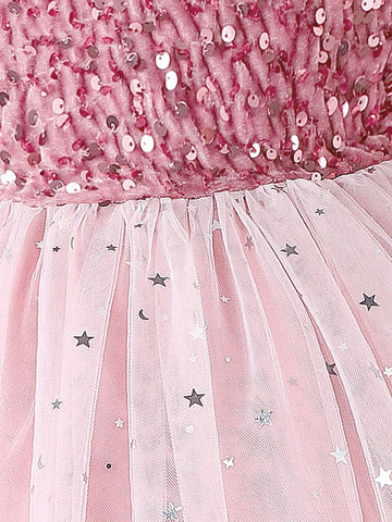 Young Girl Contrast Sequin Mesh Hem Dress