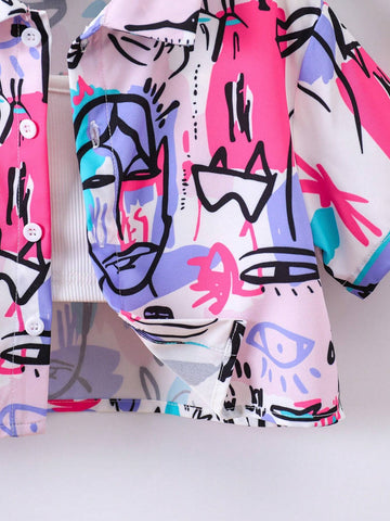 Young Girl Cool Graffiti Print Crop Shirt