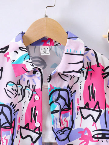 Young Girl Cool Graffiti Print Crop Shirt