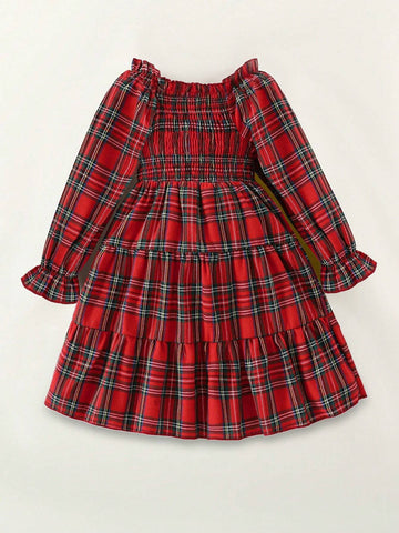 Young Girl' Cotton Ruffled Collar Puff Sleeve Multi-Layer Hem Plaid Dress, Red