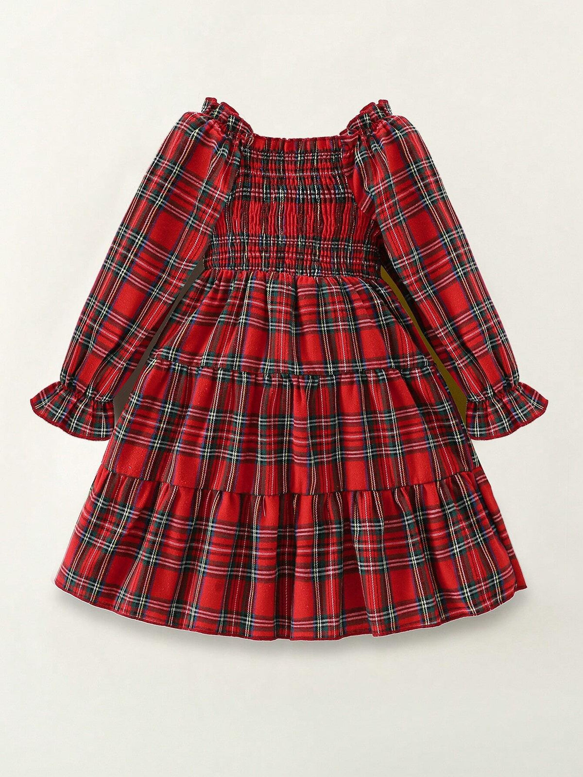 Young Girl' Cotton Ruffled Collar Puff Sleeve Multi-Layer Hem Plaid Dress, Red
