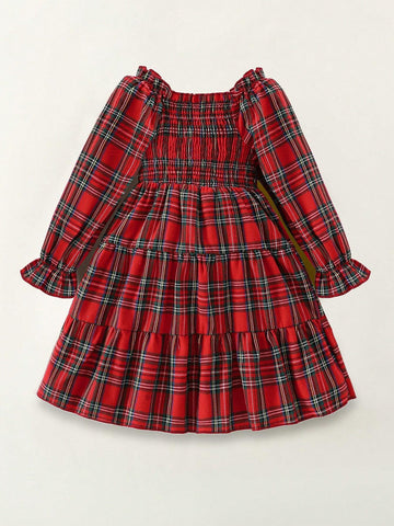 Young Girl' Cotton Ruffled Collar Puff Sleeve Multi-Layer Hem Plaid Dress, Red