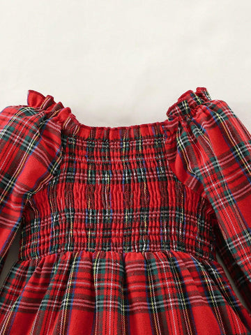 Young Girl' Cotton Ruffled Collar Puff Sleeve Multi-Layer Hem Plaid Dress, Red