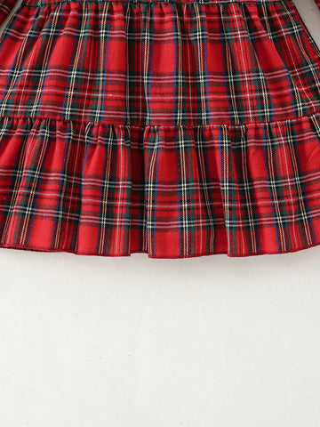 Young Girl' Cotton Ruffled Collar Puff Sleeve Multi-Layer Hem Plaid Dress, Red