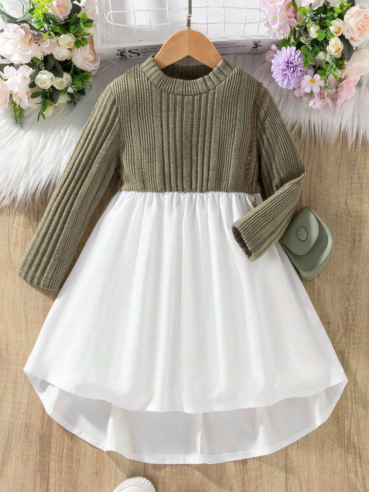 Young Girl Crew Neck Long Sleeve Ribbed Contrast Color Casual Dress, Autumn