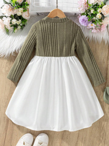 Young Girl Crew Neck Long Sleeve Ribbed Contrast Color Casual Dress, Autumn