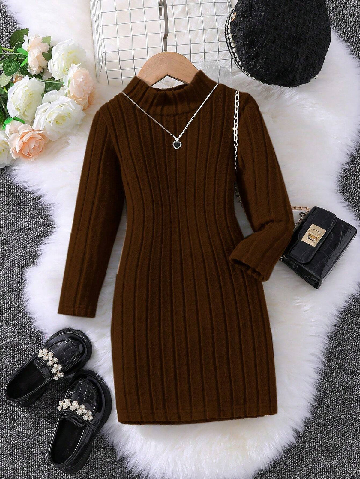 Young Girl Crew Neck Long Sleeve Solid Color Casual Everyday Shift Dress