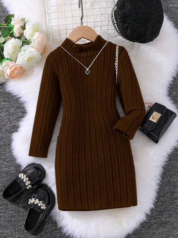 Young Girl Crew Neck Long Sleeve Solid Color Casual Everyday Shift Dress