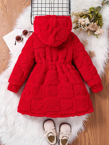 Young Girl Cute 3D Heart Pattern Hooded Teddy Coral Fleece Dress