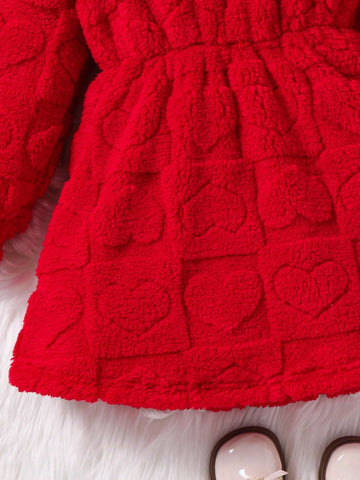 Young Girl Cute 3D Heart Pattern Hooded Teddy Coral Fleece Dress