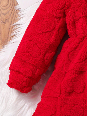 Young Girl Cute 3D Heart Pattern Hooded Teddy Coral Fleece Dress