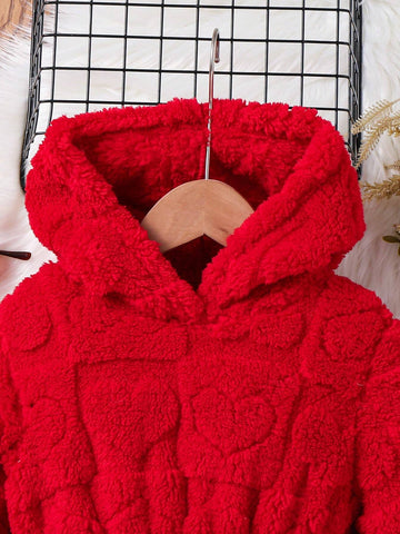 Young Girl Cute 3D Heart Pattern Hooded Teddy Coral Fleece Dress