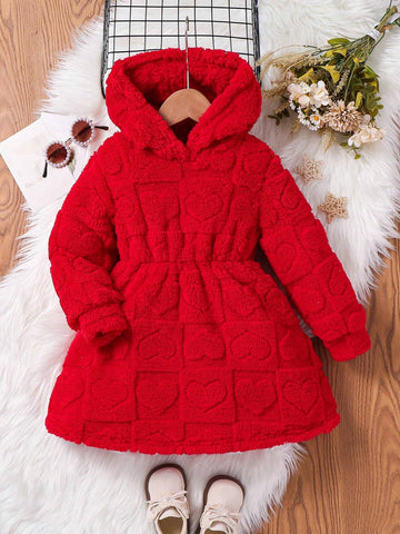 Young Girl Cute 3D Heart Pattern Hooded Teddy Coral Fleece Dress