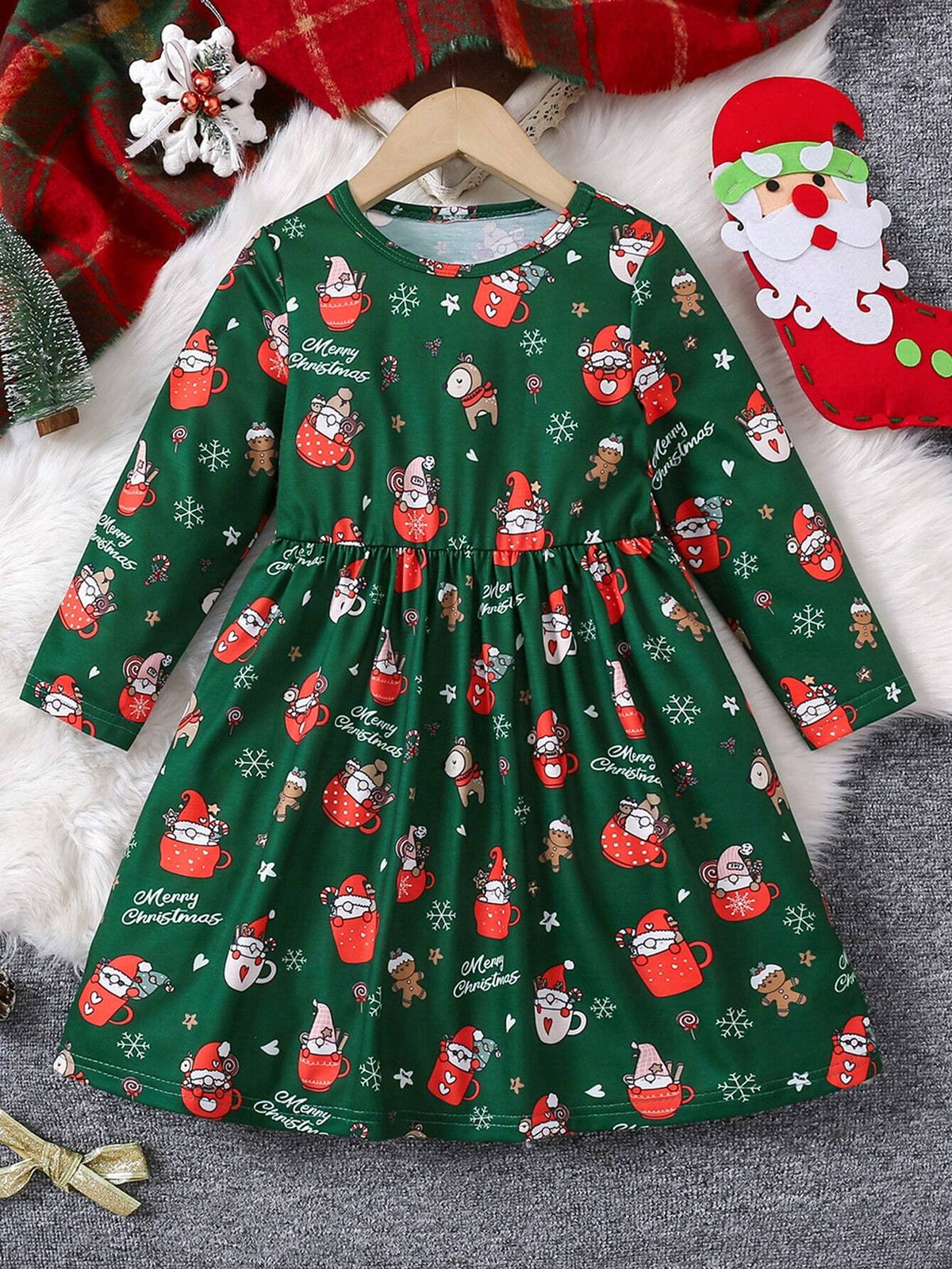 Young Girl' Cute All-Over Print Christmas Pattern Green Long Sleeve Knit Waist Fit-And-Flare Short Dress