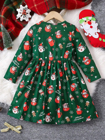 Young Girl' Cute All-Over Print Christmas Pattern Green Long Sleeve Knit Waist Fit-And-Flare Short Dress