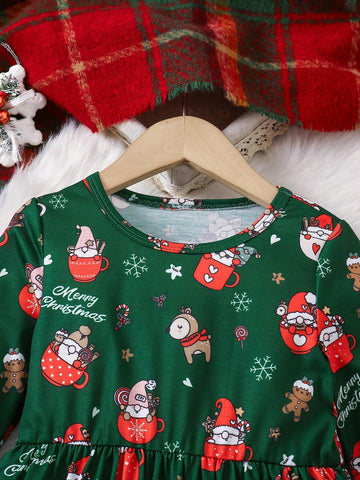 Young Girl' Cute All-Over Print Christmas Pattern Green Long Sleeve Knit Waist Fit-And-Flare Short Dress