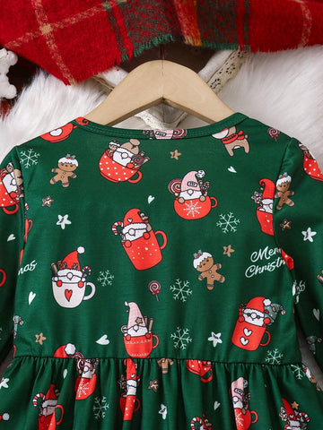 Young Girl' Cute All-Over Print Christmas Pattern Green Long Sleeve Knit Waist Fit-And-Flare Short Dress