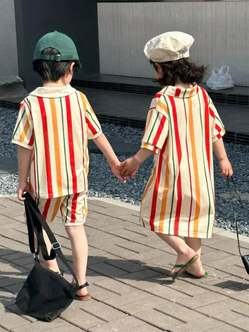 Young Girl Cute And Playful Polo Collar Striped Short Sleeve Casual Dress With Fresh Style