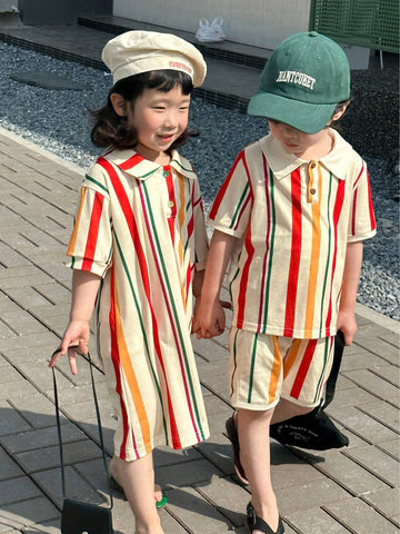 Young Girl Cute And Playful Polo Collar Striped Short Sleeve Casual Dress With Fresh Style