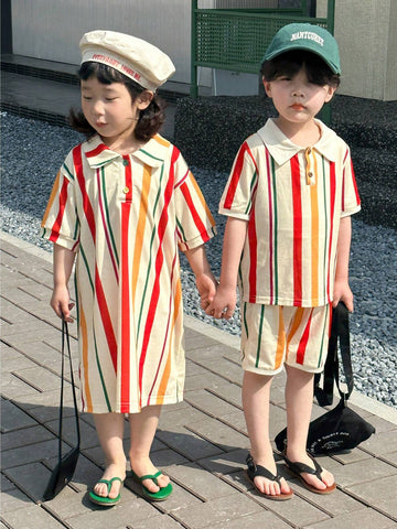 Young Girl Cute And Playful Polo Collar Striped Short Sleeve Casual Dress With Fresh Style