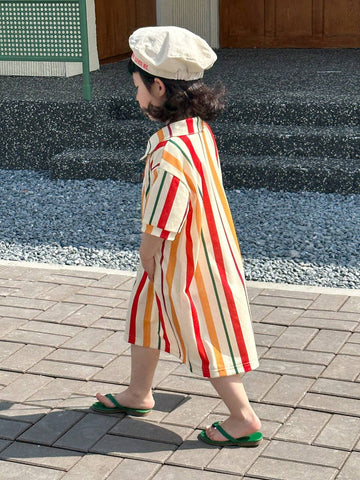 Young Girl Cute And Playful Polo Collar Striped Short Sleeve Casual Dress With Fresh Style