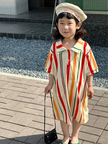 Young Girl Cute And Playful Polo Collar Striped Short Sleeve Casual Dress With Fresh Style